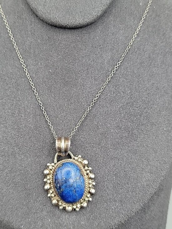 None Jewelry - Sterling Silver & Lapis Lazuli Bubble Pendant Necklace 925 18" Chain 8.78 grams